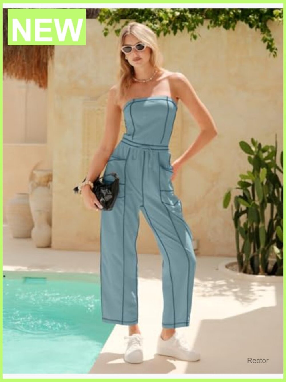 Off Shoulder Barrel Jumpsuit Loose Fit Romper with Pockets - Picture 4 of 7